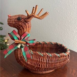Charming Holiday Wicker Rudolph Reindeer Basket with Plaid Bow